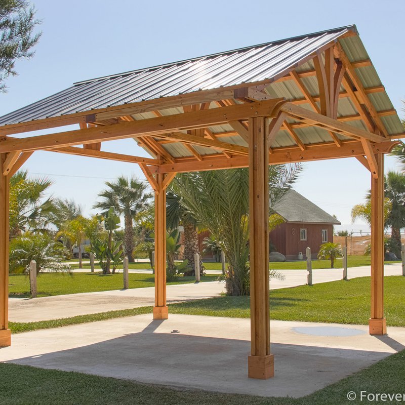The Breezy Small Pavilion (Options: 14' L x 12' W, Douglas-fir, 4-Post Kit for Gale-Wind, No Ceiling Fan Base, Vertical Decorative Trims, Transparent Premium Sealant). The Breezy Small Pavilion (Options: 14' L x 12' W, Douglas-fir, 4-Post Kit for Gale-Wind, No Ceiling Fan Base, Vertical Decorative Trims, Transparent Premium Sealant).