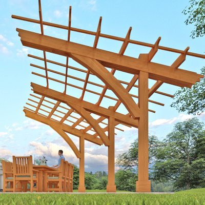 The Cantilevered Pergola (Options: 16' Length x 18' Width, California Redwood, No Privacy Panel, 9 ft Posts Height, 3-Post High-Wnd Anchor Kit Embedded in Concrete, Transparent Premium Sealant). Render Art.