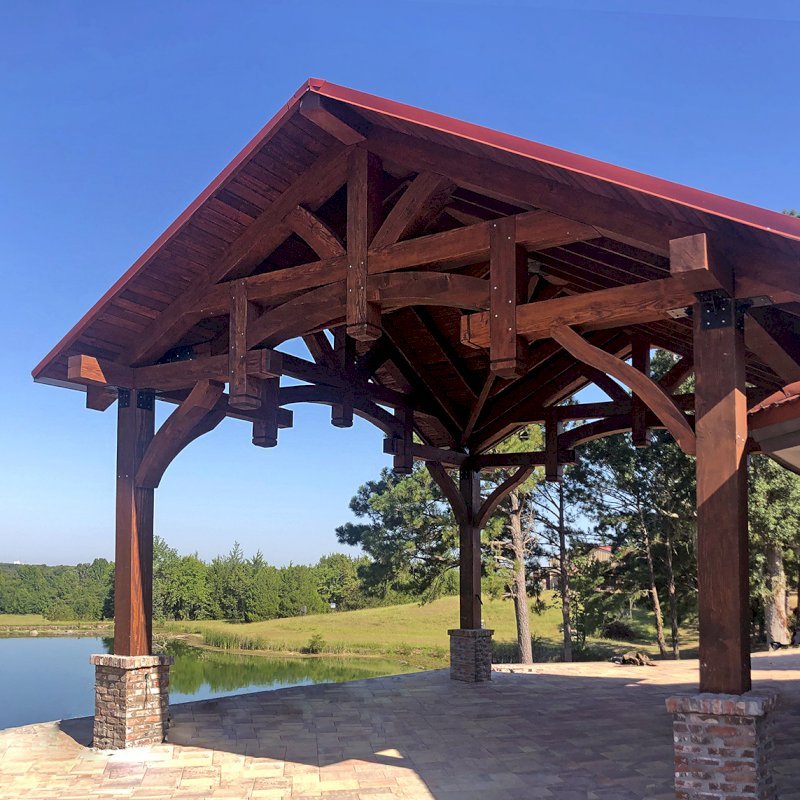 Custom Cardinal's Nest Pavilion (Options: 28' L x 26' W, Douglas-fir, No Ceiling Fan Bases, 4-Post Anchor Kit for Hurricane Wind, Coffee-Stain Premium Sealant). Photo Courtesy of T. Wilsford of Montgomery, Alabama. Custom Cardinal's Nest Pavilion (Options: 28' L x 26' W, Douglas-fir, No Ceiling Fan Bases, 4-Post Anchor Kit for Hurricane Wind, Coffee-Stain Premium Sealant). Photo Courtesy of T. Wilsford of Montgomery, Alabama.