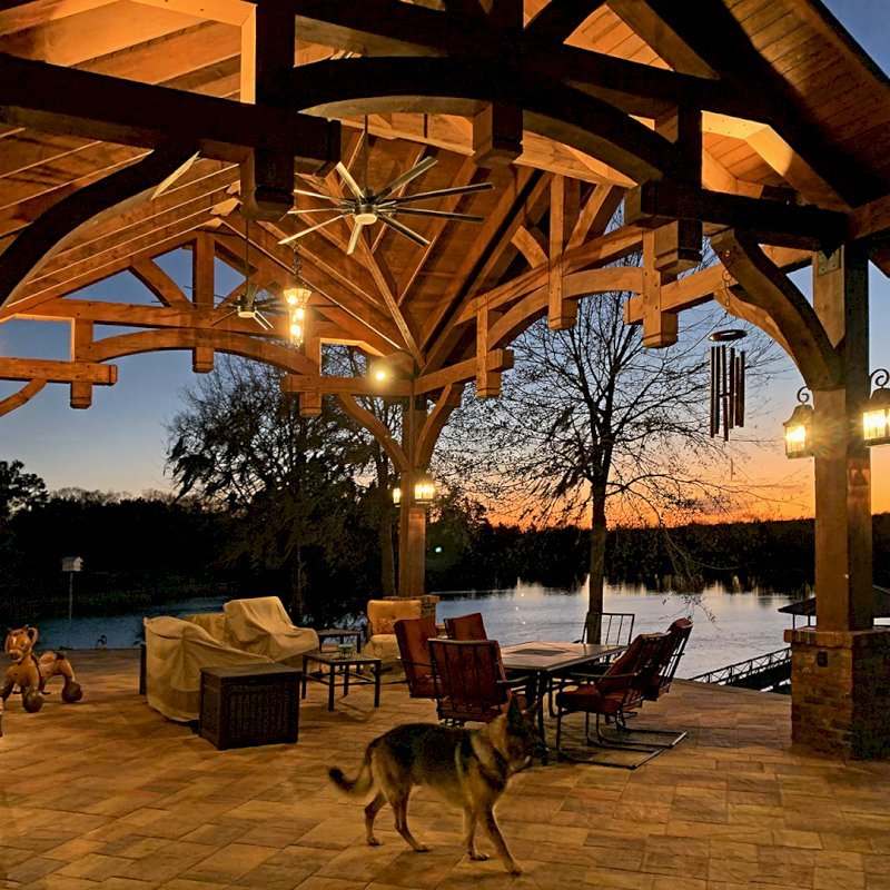 Custom Cardinal's Nest Pavilion (Options: 28' L x 26' W, Douglas-fir, No Ceiling Fan Bases, 4-Post Anchor Kit for Hurricane Wind, Coffee-Stain Premium Sealant). Photo Courtesy of T. Wilsford of Montgomery, Alabama. Custom Cardinal's Nest Pavilion (Options: 28' L x 26' W, Douglas-fir, No Ceiling Fan Bases, 4-Post Anchor Kit for Hurricane Wind, Coffee-Stain Premium Sealant). Photo Courtesy of T. Wilsford of Montgomery, Alabama.