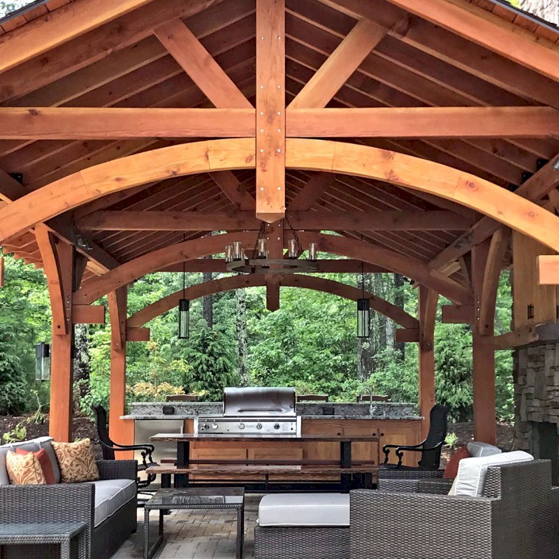 Custom Cardinal's Nest Pavilion (Options: 30' L x 18' W, Douglas-fir, 2 Ceiling Fan Bases, 8-Post Anchor Kit for Gale-Wind, Transparent Premium Sealant). Photo Courtesy of B. Lapidus of Boone, North Carolina. Custom Cardinal's Nest Pavilion (Options: 30' L x 18' W, Douglas-fir, 2 Ceiling Fan Bases, 8-Post Anchor Kit for Gale-Wind, Transparent Premium Sealant). Photo Courtesy of B. Lapidus of Boone, North Carolina.