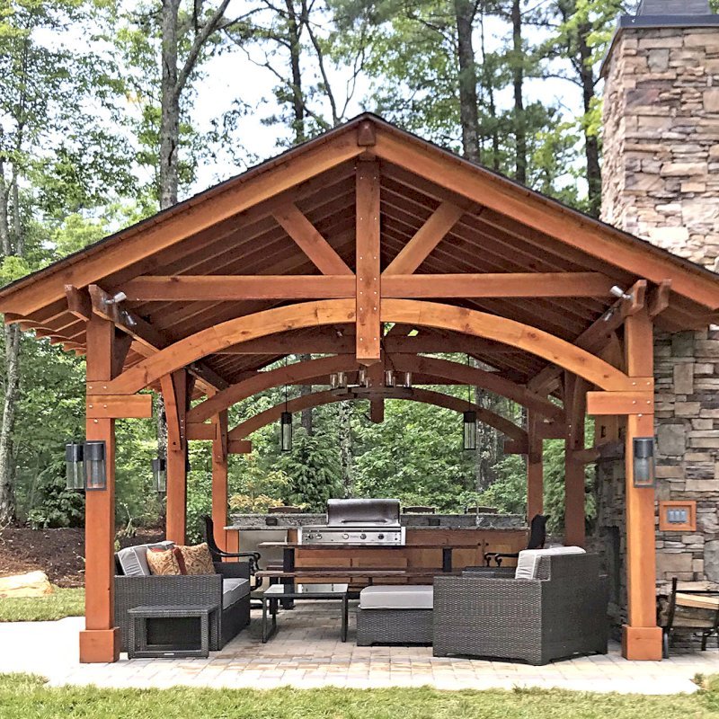 Custom Cardinal's Nest Pavilion (Options: 30' L x 18' W, Douglas-fir, 2 Ceiling Fan Bases, 8-Post Anchor Kit for Gale-Wind, Transparent Premium Sealant). Photo Courtesy of B. Lapidus of Boone, North Carolina. Custom Cardinal's Nest Pavilion (Options: 30' L x 18' W, Douglas-fir, 2 Ceiling Fan Bases, 8-Post Anchor Kit for Gale-Wind, Transparent Premium Sealant). Photo Courtesy of B. Lapidus of Boone, North Carolina.