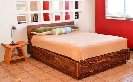 The Chest Bed (Options: Queen Size, Douglas-fir, Standard Headboard, 1 Set of Drawers on West Side of Bed, Coffee-Stain Premium Sealant). The Chest Bed (Options: Queen Size, Douglas-fir, Standard Headboard, 1 Set of Drawers on West Side of Bed, Coffee-Stain Premium Sealant).