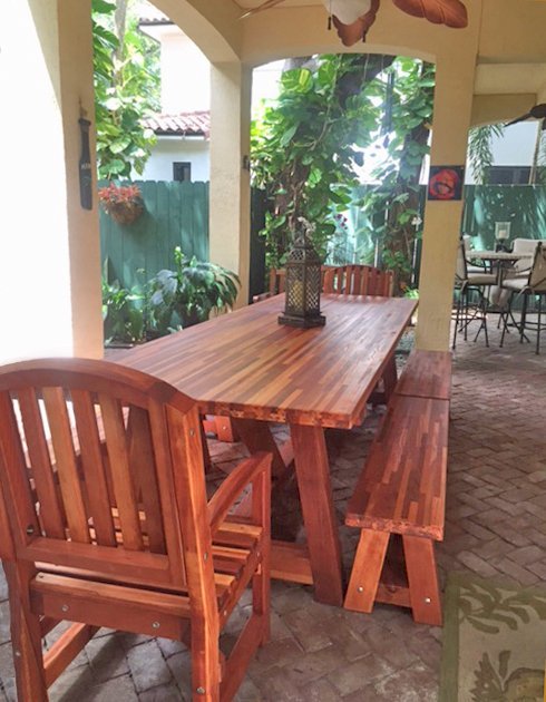 The Classic Redwood Patio Table (Options: Mosaic Eco-Wood, Benches & End Armchairs, Luna Chairs, 2 Half Length Benches Per Side, Seamless Tabletop, Slightly Rounded Corners, No Umbrella Hole, Transparent Premium Sealant). The Classic Redwood Patio Table (Options: Mosaic Eco-Wood, Benches & End Armchairs, Luna Chairs, 2 Half Length Benches Per Side, Seamless Tabletop, Slightly Rounded Corners, No Umbrella Hole, Transparent Premium Sealant).