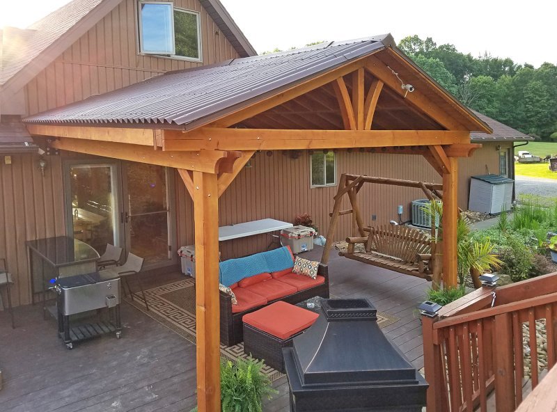 The Del Norte Porch Pavilion (Options: 15'L x 15'W, Douglas-fir, 2-Post Anchor Kit for Wood, 2 Electrical Wiring Trims, 8.5 ft Posts Height, 1 Ceiling Fan Base, No Curtain Rods, No Privacy Panels, Transparent Premium Sealant). Photo Courtesy of M. McGinnis of Sarver, Pennsylvania. The Del Norte Porch Pavilion (Options: 15'L x 15'W, Douglas-fir, 2-Post Anchor Kit for Wood, 2 Electrical Wiring Trims, 8.5 ft Posts Height, 1 Ceiling Fan Base, No Curtain Rods, No Privacy Panels, Transparent Premium Sealant). Photo Courtesy of M. McGinnis of Sarver, Pennsylvania.