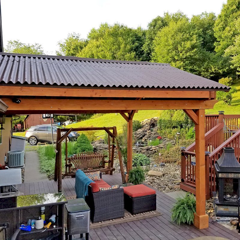 The Del Norte Porch Pavilion (Options: 15'L x 15'W, Douglas-fir, 2-Post Anchor Kit for Wood, 2 Electrical Wiring Trims, 8.5 ft Posts Height, 1 Ceiling Fan Base, No Curtain Rods, No Privacy Panels, Transparent Premium Sealant). Photo Courtesy of M. McGinnis of Sarver, Pennsylvania. The Del Norte Porch Pavilion (Options: 15'L x 15'W, Douglas-fir, 2-Post Anchor Kit for Wood, 2 Electrical Wiring Trims, 8.5 ft Posts Height, 1 Ceiling Fan Base, No Curtain Rods, No Privacy Panels, Transparent Premium Sealant). Photo Courtesy of M. McGinnis of Sarver, Pennsylvania.