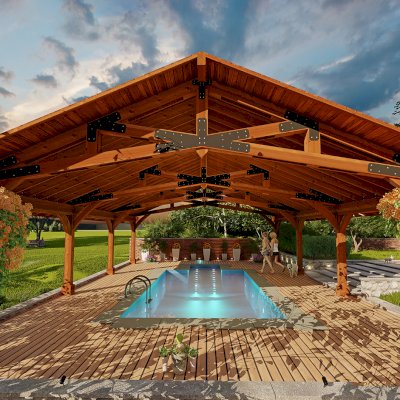 The Esther Scissor Truss Pavilion (Options: 40’ L x 30’ W). Image shown is a scaled rendering.