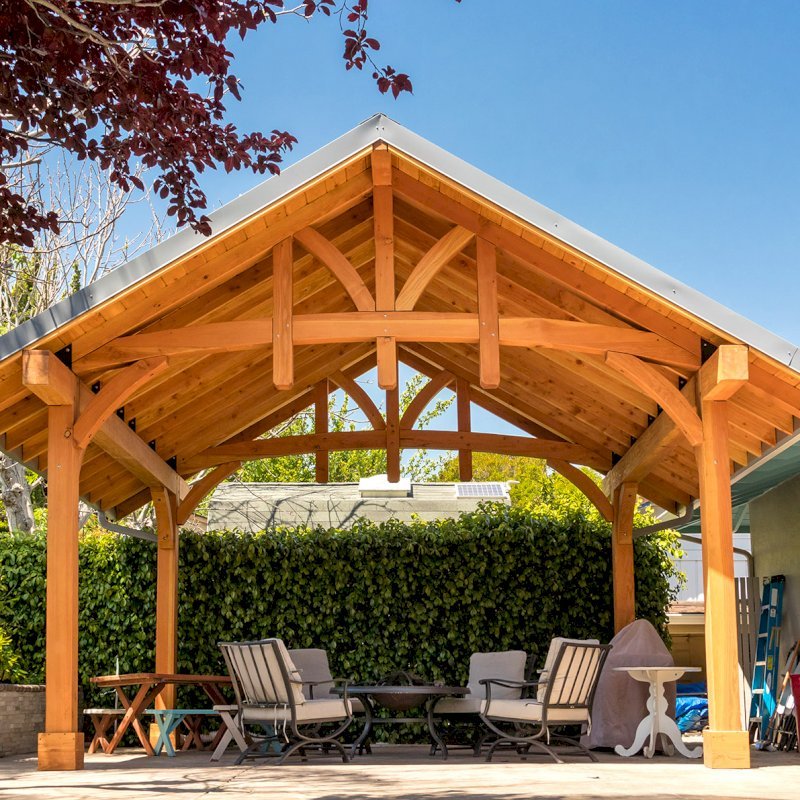 Custom Granada Pavilion (Options: 18 ft L x 20 ft W, Douglas-fir, 4-Post Anchor Kit for High Wind, Custom End Cuts, Transparent Premium Sealant). Photo Courtesy of J. Woodwin of Fremont, CA. Custom Granada Pavilion (Options: 18 ft L x 20 ft W, Douglas-fir, 4-Post Anchor Kit for High Wind, Custom End Cuts, Transparent Premium Sealant). Photo Courtesy of J. Woodwin of Fremont, CA.