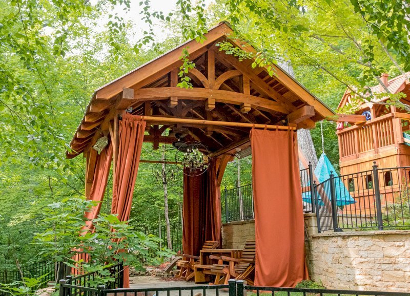 The Granada Pavilion (Options: 18' L x 15' W, California Redwood with a 15-year warranty, 4-post Anchor Kit for Gale-Wind, Electrical Wiring Trim for 1 Post, 3 Ceiling Fan Bases, 4 Curtain Rods, Transparent Premium Sealant). Photo Courtesy of J. Rynerson of Franklin, Tennessee. The Granada Pavilion (Options: 18' L x 15' W, California Redwood with a 15-year warranty, 4-post Anchor Kit for Gale-Wind, Electrical Wiring Trim for 1 Post, 3 Ceiling Fan Bases, 4 Curtain Rods, Transparent Premium Sealant). Photo Courtesy of J. Rynerson of Franklin, Tennessee.