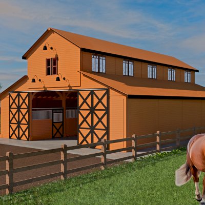 The Heavenly Horse Barndominium  (Options: 62' L x 42' W). Image shown is a scaled rendering.