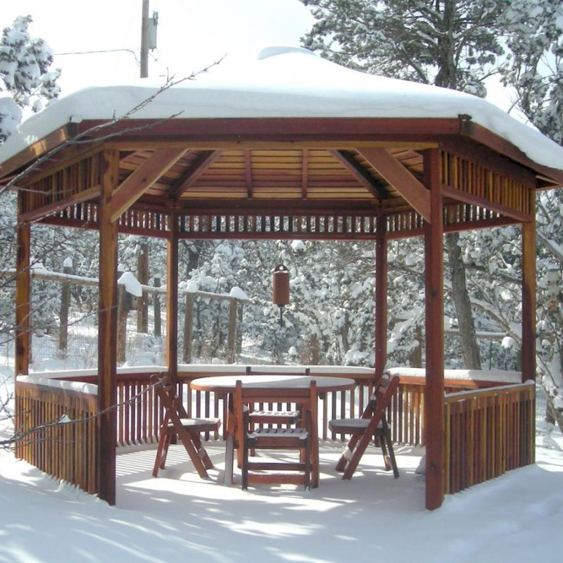 The Hexagonal Retreat Pavilion (Options: 14' Diameter, No Deck, California Redwood, With Upper and Lower Panels, Transparent Premium Sealant). Round Folding Table Set with Chairs Under Pavilion. Photo Courtesy of Ms. Karen McCartney of Tijeras, NM. The Hexagonal Retreat Pavilion (Options: 14' Diameter, No Deck, California Redwood, With Upper and Lower Panels, Transparent Premium Sealant). Round Folding Table Set with Chairs Under Pavilion. Photo Courtesy of Ms. Karen McCartney of Tijeras, NM.
