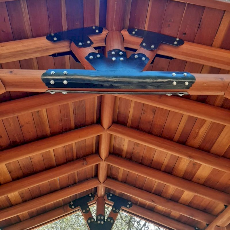 The Humboldt Log Pavilion (Options: 6in x 6in Posts thickness, 12ft L x 12ft W, No Privacy Panels, California Redwood, 2 Fascia Boards for Gutters, 9.5ft Post Height, No Electrical Wiring Trim for 2 Posts, 4-Post Anchor Kit for Gale-Wind, No Ceiling Fan Fan Bases, No Curtain Rods, Transparent Premium Sealant). CUSTOM REQUEST: Metal Roof. The Humboldt Log Pavilion (Options: 6in x 6in Posts thickness, 12ft L x 12ft W, No Privacy Panels, California Redwood, 2 Fascia Boards for Gutters, 9.5ft Post Height, No Electrical Wiring Trim for 2 Posts, 4-Post Anchor Kit for Gale-Wind, No Ceiling Fan Fan Bases, No Curtain Rods, Transparent Premium Sealant). CUSTOM REQUEST: Metal Roof.