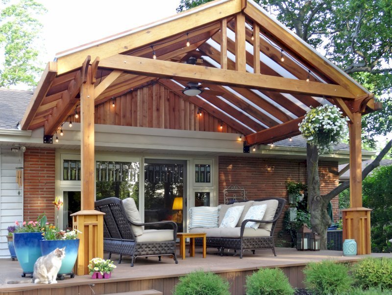 The Illuminati Porch Pavilion (Options: 11'-6" L, 17' W, California Redwood, No Electrical Wiring Trim, 2 Post Anchor Kit for Gale-Wind, 1 Ceiling Fan Base, No Privacy Panels, No Curtain Rods, 9' Post Height, with Custom Boxes at the Bottom of the Posts, Transparent Premium Sealant). Customer requested transparent polycarbonate panels for roof. Yes, we can custom make your pavilion with any custom detail you like... Courtesy of Andy Goodrich of Mt. Prospect, IL. The Illuminati Porch Pavilion (Options: 11'-6" L, 17' W, California Redwood, No Electrical Wiring Trim, 2 Post Anchor Kit for Gale-Wind, 1 Ceiling Fan Base, No Privacy Panels, No Curtain Rods, 9' Post Height, with Custom Boxes at the Bottom of the Posts, Transparent Premium Sealant). Customer requested transparent polycarbonate panels for roof. Yes, we can custom make your pavilion with any custom detail you like... Courtesy of Andy Goodrich of Mt. Prospect, IL.