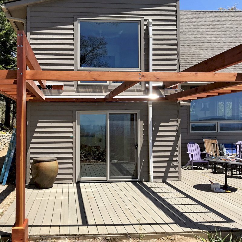 Custom L.A. Modern Pergola (options: 16' L, 13' W, California Redwood, No Rain Guard, 12" x 4" Posts & Supports, 10 ft Post Height, No Electrical Wiring Trim, 4 Post Anchor Kit for Gale-Wind, No Ceiling Fan Base, Retractable Shade Canopy will be Installed, Transparent Premium Sealant). Photo Courtesy of W. Craig of Fairview, North Carolina. Custom L.A. Modern Pergola (options: 16' L, 13' W, California Redwood, No Rain Guard, 12" x 4" Posts & Supports, 10 ft Post Height, No Electrical Wiring Trim, 4 Post Anchor Kit for Gale-Wind, No Ceiling Fan Base, Retractable Shade Canopy will be Installed, Transparent Premium Sealant). Photo Courtesy of W. Craig of Fairview, North Carolina.