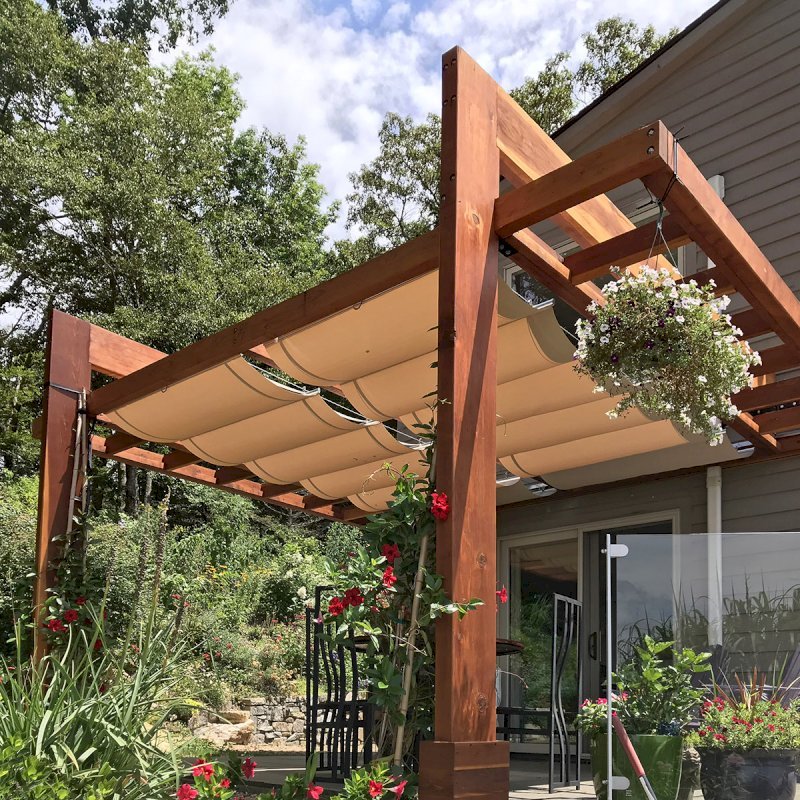 Custom L.A. Modern Pergola (options: 16' L, 13' W, California Redwood, No Rain Guard, 12" x 4" Posts & Supports, 10 ft Post Height, No Electrical Wiring Trim, 4 Post Anchor Kit for Gale-Wind, No Ceiling Fan Base, Retractable Shade Canopy will be Installed, Transparent Premium Sealant). Photo Courtesy of W. Craig of Fairview, North Carolina. Custom L.A. Modern Pergola (options: 16' L, 13' W, California Redwood, No Rain Guard, 12" x 4" Posts & Supports, 10 ft Post Height, No Electrical Wiring Trim, 4 Post Anchor Kit for Gale-Wind, No Ceiling Fan Base, Retractable Shade Canopy will be Installed, Transparent Premium Sealant). Photo Courtesy of W. Craig of Fairview, North Carolina.
