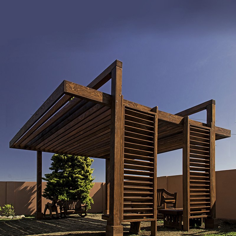 The L.A. Modern Pergola (options: 16' L, 14' W, Douglas-fir, No Rain Guard, 10 ft Post Height, No Electrical Wiring Trim, 4 Post Anchor Kit for Gale-Wind, No Ceiling Fan Base, No Retractable Shade Canopy, Cherry Stain Premium Sealant). The L.A. Modern Pergola (options: 16' L, 14' W, Douglas-fir, No Rain Guard, 10 ft Post Height, No Electrical Wiring Trim, 4 Post Anchor Kit for Gale-Wind, No Ceiling Fan Base, No Retractable Shade Canopy, Cherry Stain Premium Sealant).