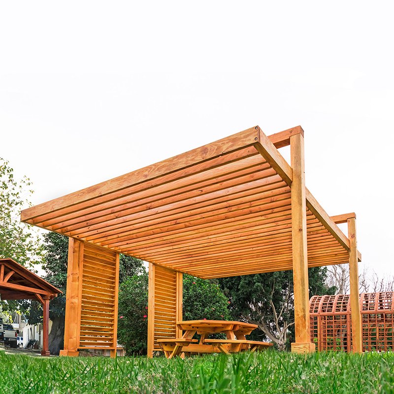 The L.A. Modern Pergola (options: 16' L, 14' W, Douglas-fir, No Rain Guard, 10 ft Post Height, No Electrical Wiring Trim, 4 Post Anchor Kit for Gale-Wind, No Ceiling Fan Base, No Retractable Shade Canopy, Transparent Premium Sealant). The L.A. Modern Pergola (options: 16' L, 14' W, Douglas-fir, No Rain Guard, 10 ft Post Height, No Electrical Wiring Trim, 4 Post Anchor Kit for Gale-Wind, No Ceiling Fan Base, No Retractable Shade Canopy, Transparent Premium Sealant).