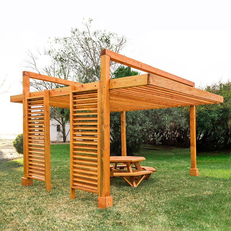 The L.A. Modern Pergola (options: 16' L, 14' W, Douglas-fir, No Rain Guard, 10 ft Post Height, No Electrical Wiring Trim, 4 Post Anchor Kit for Gale-Wind, No Ceiling Fan Base, No Retractable Shade Canopy, Transparent Premium Sealant). The L.A. Modern Pergola (options: 16' L, 14' W, Douglas-fir, No Rain Guard, 10 ft Post Height, No Electrical Wiring Trim, 4 Post Anchor Kit for Gale-Wind, No Ceiling Fan Base, No Retractable Shade Canopy, Transparent Premium Sealant).