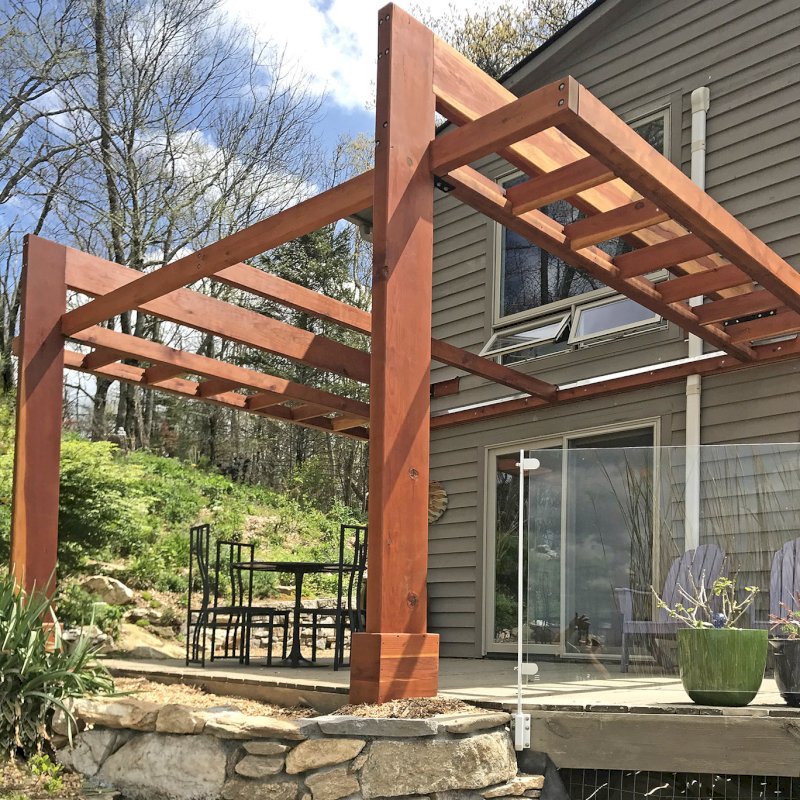 Custom L.A. Modern Pergola (options: 16' L, 13' W, California Redwood, No Rain Guard, 12" x 4" Posts & Supports, 10 ft Post Height, No Electrical Wiring Trim, 4 Post Anchor Kit for Gale-Wind, No Ceiling Fan Base, Retractable Shade Canopy will be Installed, Transparent Premium Sealant). Photo Courtesy of W. Craig of Fairview, North Carolina. Custom L.A. Modern Pergola (options: 16' L, 13' W, California Redwood, No Rain Guard, 12" x 4" Posts & Supports, 10 ft Post Height, No Electrical Wiring Trim, 4 Post Anchor Kit for Gale-Wind, No Ceiling Fan Base, Retractable Shade Canopy will be Installed, Transparent Premium Sealant). Photo Courtesy of W. Craig of Fairview, North Carolina.