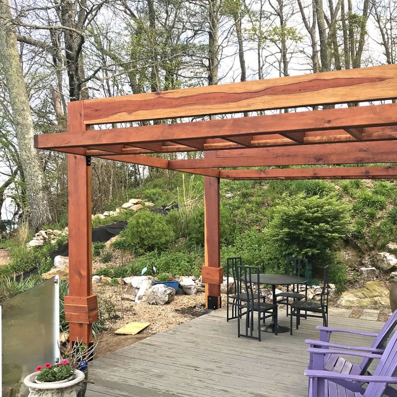 Custom L.A. Modern Pergola (options: 16' L, 13' W, California Redwood, No Rain Guard, 12" x 4" Posts & Supports, 10 ft Post Height, No Electrical Wiring Trim, 4 Post Anchor Kit for Gale-Wind, No Ceiling Fan Base, Retractable Shade Canopy will be Installed, Transparent Premium Sealant). Photo Courtesy of W. Craig of Fairview, North Carolina. Custom L.A. Modern Pergola (options: 16' L, 13' W, California Redwood, No Rain Guard, 12" x 4" Posts & Supports, 10 ft Post Height, No Electrical Wiring Trim, 4 Post Anchor Kit for Gale-Wind, No Ceiling Fan Base, Retractable Shade Canopy will be Installed, Transparent Premium Sealant). Photo Courtesy of W. Craig of Fairview, North Carolina.