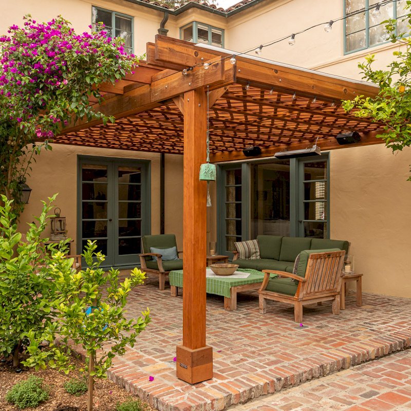Custom The Lattice Pergola Kit (Options: 19' L x 16' W, California Redwood, Electrical Wiring Trim for 2 Posts, Lattice Roof, 4-Post Kit for Concrete, No Ceiling Fan Base, No Privacy Panels, No Curtain Rods, 9' Post Height, Transparent Premium Sealant). Lattice panels were customized with larger openings than is the standard design. Photo Courtesy of D. Wood of Palo Alto, California. Custom The Lattice Pergola Kit (Options: 19' L x 16' W, California Redwood, Electrical Wiring Trim for 2 Posts, Lattice Roof, 4-Post Kit for Concrete, No Ceiling Fan Base, No Privacy Panels, No Curtain Rods, 9' Post Height, Transparent Premium Sealant). Lattice panels were customized with larger openings than is the standard design. Photo Courtesy of D. Wood of Palo Alto, California.