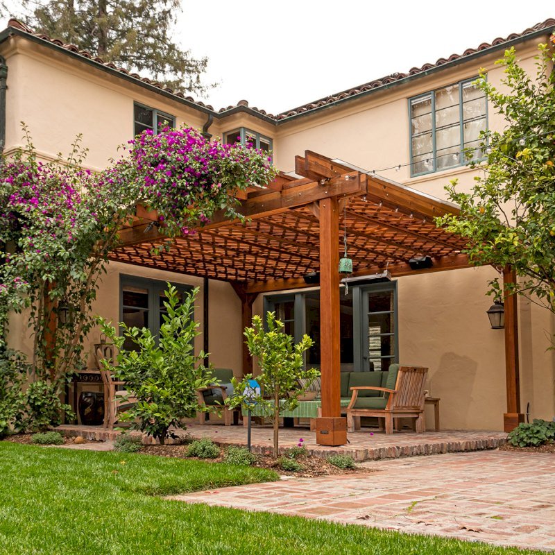 Custom The Lattice Pergola Kit (Options: 19' L x 16' W, California Redwood, Electrical Wiring Trim for 2 Posts, Lattice Roof, 4-Post Kit for Concrete, No Ceiling Fan Base, No Privacy Panels, No Curtain Rods, 9' Post Height, Transparent Premium Sealant). Lattice panels were customized with larger openings than is the standard design. Photo Courtesy of D. Wood of Palo Alto, California. Custom The Lattice Pergola Kit (Options: 19' L x 16' W, California Redwood, Electrical Wiring Trim for 2 Posts, Lattice Roof, 4-Post Kit for Concrete, No Ceiling Fan Base, No Privacy Panels, No Curtain Rods, 9' Post Height, Transparent Premium Sealant). Lattice panels were customized with larger openings than is the standard design. Photo Courtesy of D. Wood of Palo Alto, California.