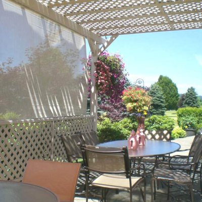 Lattice Pergola Kit (Options:14' x 16', Douglas-fir, No Electrical Wiring Trim, Lengthwise Roof Support, 4-Post Anchor Kit for Concrete, No Ceiling Fan Base, 1 Privacy Panel, No Curtain Rods, 9' Post Height, Off-White Oil-Based Primer). Custom sail clothe made with Sunbrella fabric. Custom request: no roof slats included.