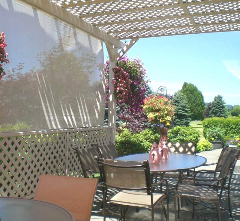 The Lattice Pergola Kit (Options:14' x 16', Douglas-fir, No Electrical Wiring Trim, Lattice Roof, Lengthwise Roof Support, 4-Post Anchor Kit for Stone, No Ceiling Fan Base, 1 Privacy Panel, No Curtain Rods, 9' Post Height, Off-White Oil-Based Primer). Custom sail clothe made with Sunbrella fabric. Custom request: no roof slats included. The Lattice Pergola Kit (Options:14' x 16', Douglas-fir, No Electrical Wiring Trim, Lattice Roof, Lengthwise Roof Support, 4-Post Anchor Kit for Stone, No Ceiling Fan Base, 1 Privacy Panel, No Curtain Rods, 9' Post Height, Off-White Oil-Based Primer). Custom sail clothe made with Sunbrella fabric. Custom request: no roof slats included.