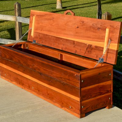 The Laurel Storage Benches (Options: 48" L x 20" W x 20" H, Redwood, No Piston, Standard Seat, with Feet, Transparent Premium Sealant).