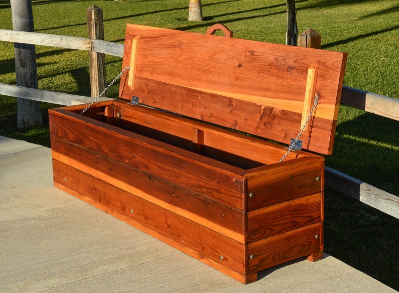 The Laurel Storage Bench (Options: 48" L x 20" W x 20" H, Redwood, No Piston, Standard Seat, with Feet, Transparent Premium Sealant). The Laurel Storage Bench (Options: 48" L x 20" W x 20" H, Redwood, No Piston, Standard Seat, with Feet, Transparent Premium Sealant).