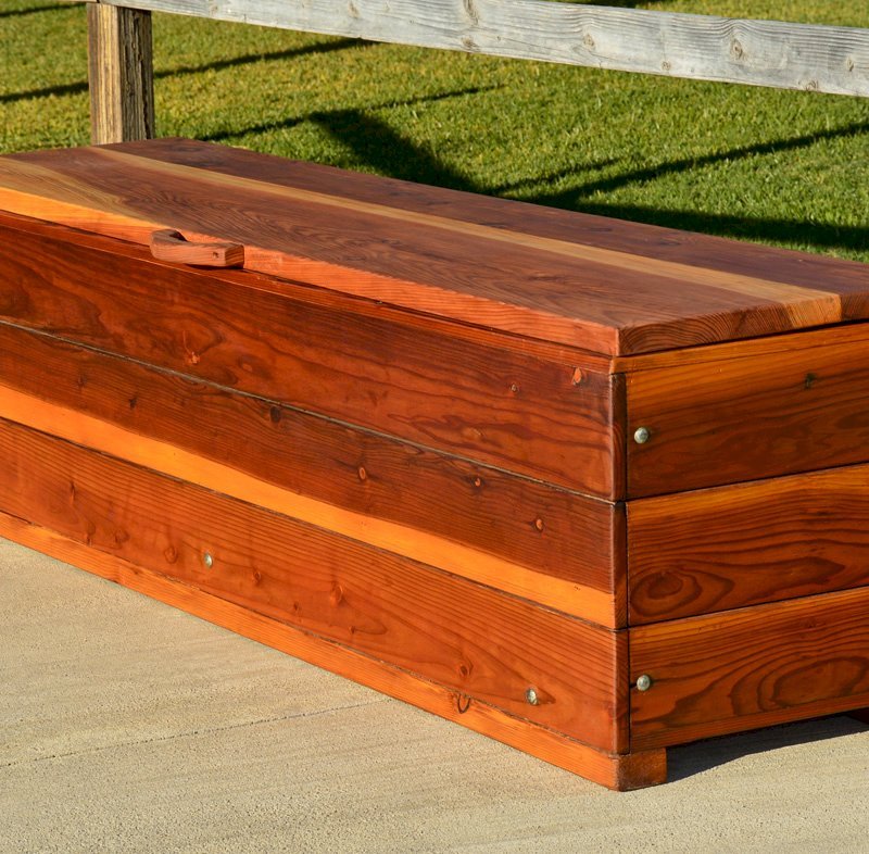 The Laurel Storage Bench (Options: 48" L x 20" W x 20" H, Redwood, No Piston, Standard Seat, with Feet, Transparent Premium Sealant). The Laurel Storage Bench (Options: 48" L x 20" W x 20" H, Redwood, No Piston, Standard Seat, with Feet, Transparent Premium Sealant).