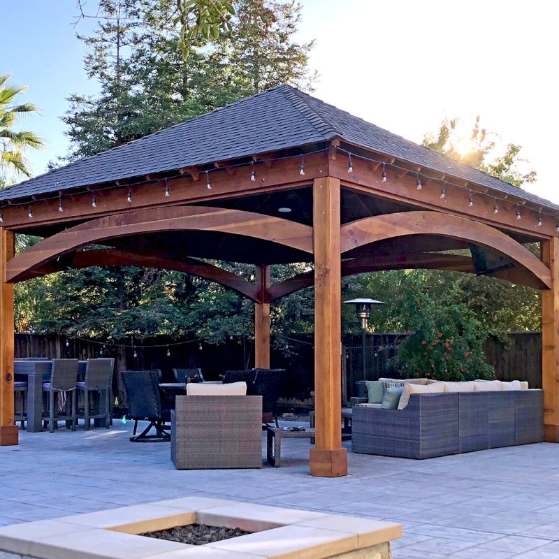 The Loreto Pavilion (Options: 20ft L x 20ft W, No Privacy Panels, California Redwood, 10ft H, Electrical Wiring for 2 Posts, 4-Post Anchor Kit for Gale Wind, No Post Decorative Trim, 1 Ceiling Fan Base, No Curtain Rods, Transparent Premium Sealant). Photo Courtesy of G. Arruda of Livermore, California. The Loreto Pavilion (Options: 20ft L x 20ft W, No Privacy Panels, California Redwood, 10ft H, Electrical Wiring for 2 Posts, 4-Post Anchor Kit for Gale Wind, No Post Decorative Trim, 1 Ceiling Fan Base, No Curtain Rods, Transparent Premium Sealant). Photo Courtesy of G. Arruda of Livermore, California.