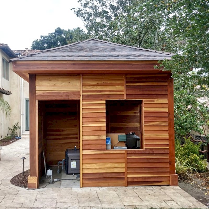 Custom The Loreto Pavilion (Options: 16' L x 12' W, California Redwood, Post Anchor Kit for Gale-Wind, Transparent Premium Sealant, Enclosed by Custom Request). Photo Courtesy of Jeanie Chong of Los Altos, California. Custom The Loreto Pavilion (Options: 16' L x 12' W, California Redwood, Post Anchor Kit for Gale-Wind, Transparent Premium Sealant, Enclosed by Custom Request). Photo Courtesy of Jeanie Chong of Los Altos, California.