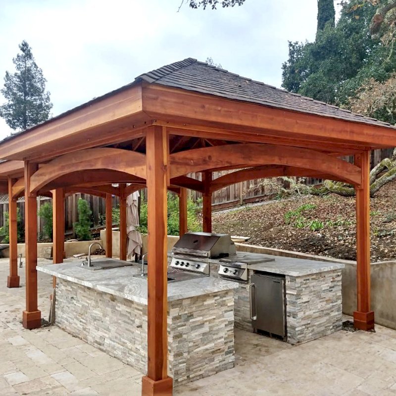 The Loreto Pavilions (Options: 14' x 14' & 12' x 12' Sizes, California Redwood, Transparent Premium Sealant). Photo Courtesy of Jeanie Chong of Los Altos, California. The Loreto Pavilions (Options: 14' x 14' & 12' x 12' Sizes, California Redwood, Transparent Premium Sealant). Photo Courtesy of Jeanie Chong of Los Altos, California.