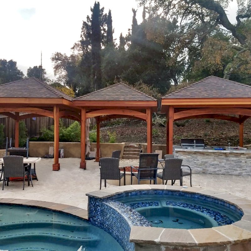 The Loreto Pavilions (Options: 14' x 14' & 12' x 12' Sizes, California Redwood, Transparent Premium Sealant). Photo Courtesy of Jeanie Chong of Los Altos, California. The Loreto Pavilions (Options: 14' x 14' & 12' x 12' Sizes, California Redwood, Transparent Premium Sealant). Photo Courtesy of Jeanie Chong of Los Altos, California.
