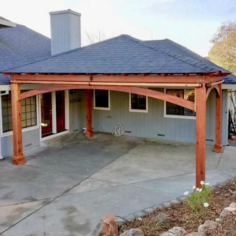 The Loreto Pavilion (Options: 24ft L x 18ft W, No Privacy Panels, California Redwood, 10ft H, Electrical Wiring for 1 Post, 4-Post Anchor Kit for Concrete, No Post Decorative Trim, 1 Ceiling Fan Base, 2 Curtain Rods, Transparent Premium Sealant). Photo Courtesy of J. McLauglin of Santa Rosa, California. The Loreto Pavilion (Options: 24ft L x 18ft W, No Privacy Panels, California Redwood, 10ft H, Electrical Wiring for 1 Post, 4-Post Anchor Kit for Concrete, No Post Decorative Trim, 1 Ceiling Fan Base, 2 Curtain Rods, Transparent Premium Sealant). Photo Courtesy of J. McLauglin of Santa Rosa, California.