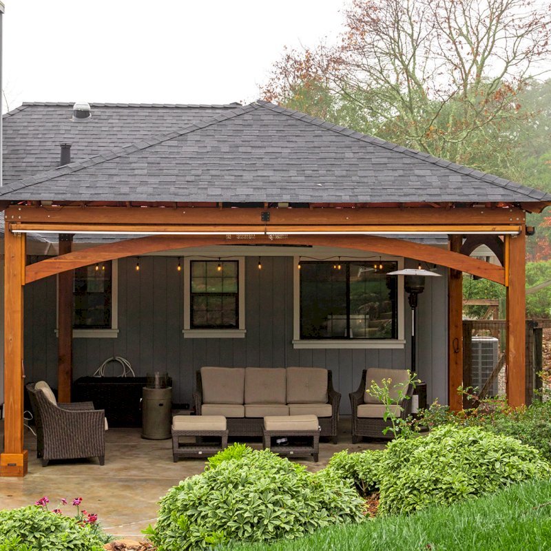 The Loreto Pavilion (Options: 24' L x 18' W, No Privacy Panels, California Redwood, 10' H, Electrical Wiring for 1 Post, 4-Post Anchor Kit for Concrete, No Post Decorative Trim, 1 Ceiling Fan Base, 2 Curtain Rods, Transparent Premium Sealant). Photo Courtesy of J. McLauglin of Santa Rosa, California. The Loreto Pavilion (Options: 24' L x 18' W, No Privacy Panels, California Redwood, 10' H, Electrical Wiring for 1 Post, 4-Post Anchor Kit for Concrete, No Post Decorative Trim, 1 Ceiling Fan Base, 2 Curtain Rods, Transparent Premium Sealant). Photo Courtesy of J. McLauglin of Santa Rosa, California.