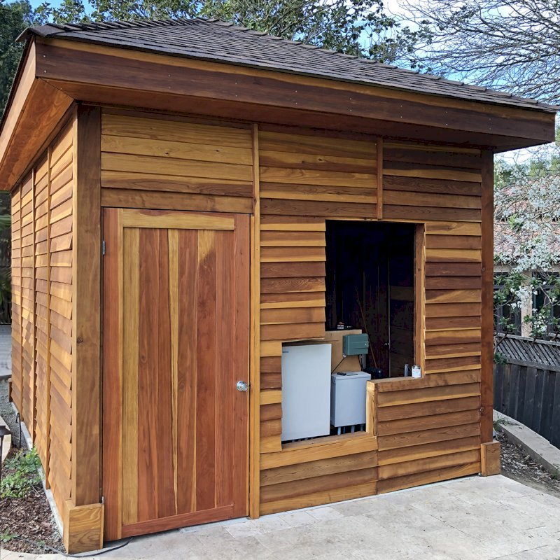 Custom The Loreto Pavilion (Options: 16' L x 12' W, California Redwood, Post Anchor Kit for Gale-Wind, Transparent Premium Sealant, Enclosed by Custom Request). Photo Courtesy of Jeanie Chong of Los Altos, California. Custom The Loreto Pavilion (Options: 16' L x 12' W, California Redwood, Post Anchor Kit for Gale-Wind, Transparent Premium Sealant, Enclosed by Custom Request). Photo Courtesy of Jeanie Chong of Los Altos, California.