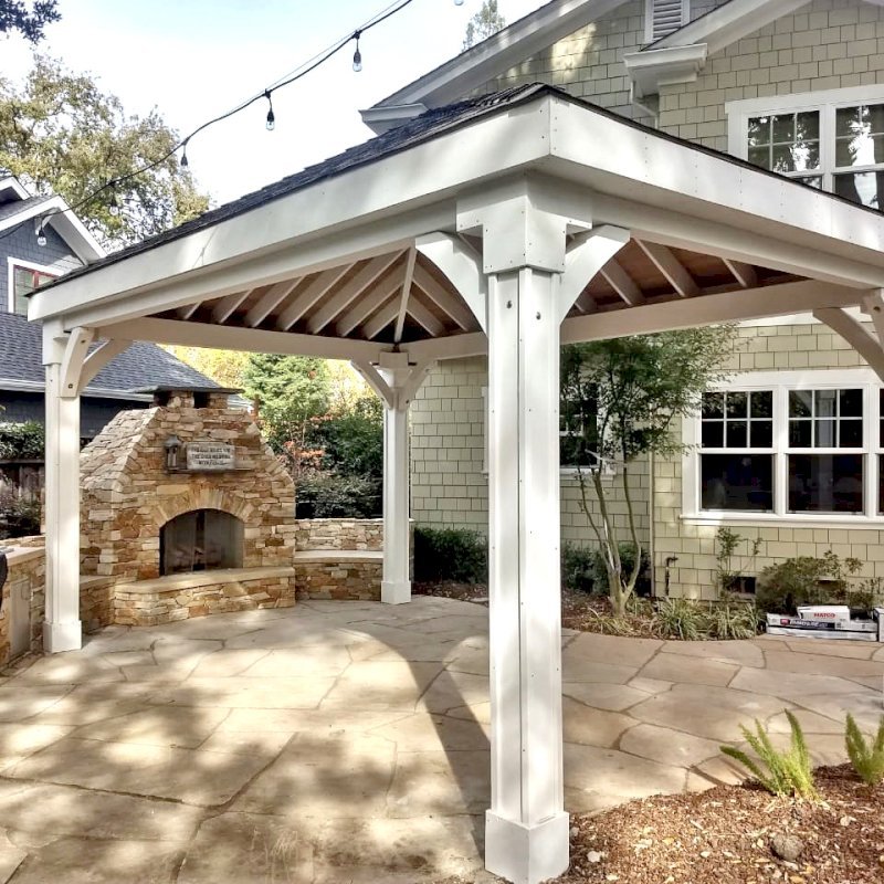 Custom The Loreto Pavilion (Options: 22' L x 14' W, No Privacy Panels, Douglas-fir, 10' H, 2 Electrical Wiring Trims, 4-Post Anchor Kit for Concrete, Vertical Post Decorative Trims, No Ceiling Fan Base, No Curtain Rods, Off-White Oil-Based Primer - Customer Requested Internal Tongue & Groove Ceiling Left in Natural Wood Finish). Photo Courtesy of S. Olson of Danville, California. Custom The Loreto Pavilion (Options: 22' L x 14' W, No Privacy Panels, Douglas-fir, 10' H, 2 Electrical Wiring Trims, 4-Post Anchor Kit for Concrete, Vertical Post Decorative Trims, No Ceiling Fan Base, No Curtain Rods, Off-White Oil-Based Primer - Customer Requested Internal Tongue & Groove Ceiling Left in Natural Wood Finish). Photo Courtesy of S. Olson of Danville, California.