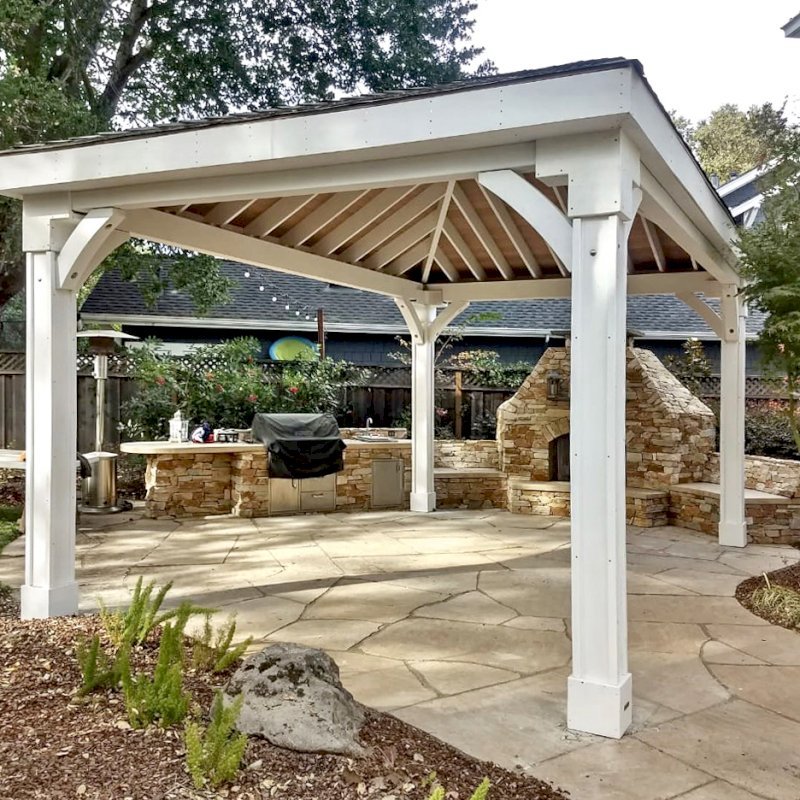 Custom The Loreto Pavilion (Options: 22' L x 14' W, No Privacy Panels, Douglas-fir, 10' H, 2 Electrical Wiring Trims, 4-Post Anchor Kit for Concrete, Vertical Post Decorative Trims, No Ceiling Fan Base, No Curtain Rods, Off-White Oil-Based Primer - Customer Requested Internal Tongue & Groove Ceiling Left in Natural Wood Finish). Photo Courtesy of S. Olson of Danville, California. Custom The Loreto Pavilion (Options: 22' L x 14' W, No Privacy Panels, Douglas-fir, 10' H, 2 Electrical Wiring Trims, 4-Post Anchor Kit for Concrete, Vertical Post Decorative Trims, No Ceiling Fan Base, No Curtain Rods, Off-White Oil-Based Primer - Customer Requested Internal Tongue & Groove Ceiling Left in Natural Wood Finish). Photo Courtesy of S. Olson of Danville, California.