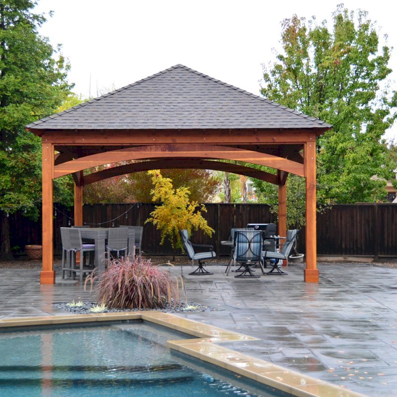 The Loreto Pavilion (Options: 20ft L x 20ft W, No Privacy Panels, California Redwood, 10ft H, Electrical Wiring for 2 Posts, 4-Post Anchor Kit for Gale Wind, No Post Decorative Trim, 1 Ceiling Fan Base, No Curtain Rods, Transparent Premium Sealant.). The Loreto Pavilion (Options: 20ft L x 20ft W, No Privacy Panels, California Redwood, 10ft H, Electrical Wiring for 2 Posts, 4-Post Anchor Kit for Gale Wind, No Post Decorative Trim, 1 Ceiling Fan Base, No Curtain Rods, Transparent Premium Sealant.).