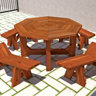 Rendering Shows 5' Diameter Table (Standard Octagonal Design) with 4 V-Wing Benches in California Redwood.