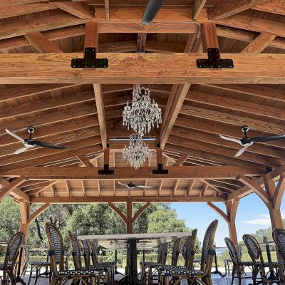 Custom Mia's Pavilion (Options: 35' x 25', Douglas-fir, Post Anchor Kit for High-Wind, 8x8 Posts, 8' H Posts, No Decorative Trims for Posts, with Ceiling Fan Bases, Custom Copper Roof and Gutters, Custom Finish). Photo Courtesy of Jordan Vineyard & Winery, 1474 Alexander Valley Rd, Healdsburg, CA.