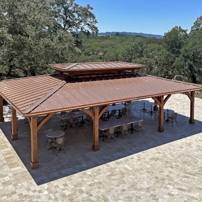 Custom Mia's Pavilion (Options: 35' x 25', Douglas-fir, Post Anchor Kit for High-Wind, 8x8 Posts, 8' H Posts, No Decorative Trims for Posts, with Ceiling Fan Bases, Custom Copper Roof and Gutters, Custom Finish). Photo Courtesy of Jordan Vineyard & Winery, 1474 Alexander Valley Rd, Healdsburg, CA.