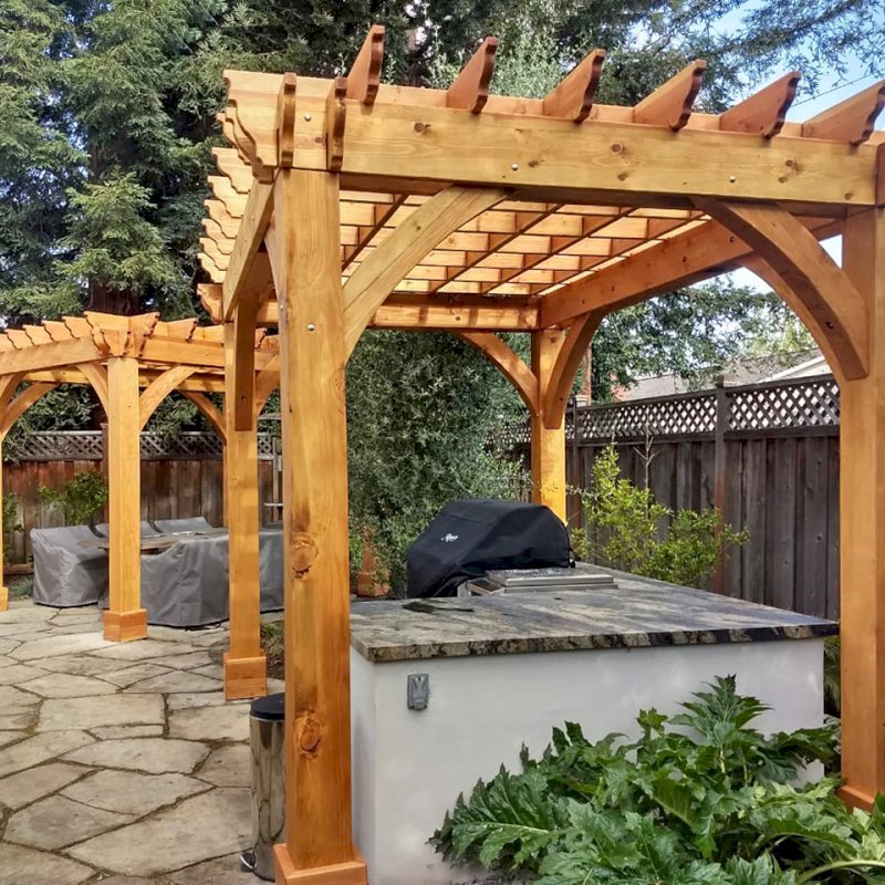 The Montvale Pergolas (Options: 10' x 12' & 8 x 8, Douglas-fir, Post Anchoring for Concrete, No Ceiling Fan Base, No Curtain Rods, No Privacy Panels, 9' Post, Transparent Premium Sealant). Photo Courtesy of T. Cohen of Palo Alto, CA. The Montvale Pergolas (Options: 10' x 12' & 8 x 8, Douglas-fir, Post Anchoring for Concrete, No Ceiling Fan Base, No Curtain Rods, No Privacy Panels, 9' Post, Transparent Premium Sealant). Photo Courtesy of T. Cohen of Palo Alto, CA.