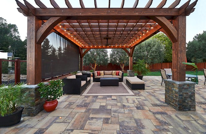 The Montvale Pergola (Options: 18' x 18', California Redwood, Post Anchoring for Concrete, Electrical Wiring Trim Kit for 2 Posts, 1 Ceiling Fan Base, No Curtain Rods, No Privacy Panels, 10' Post, Transparent Premium Sealant). Photo Courtesy of M. Butler of Napa, CA. The Montvale Pergola (Options: 18' x 18', California Redwood, Post Anchoring for Concrete, Electrical Wiring Trim Kit for 2 Posts, 1 Ceiling Fan Base, No Curtain Rods, No Privacy Panels, 10' Post, Transparent Premium Sealant). Photo Courtesy of M. Butler of Napa, CA.