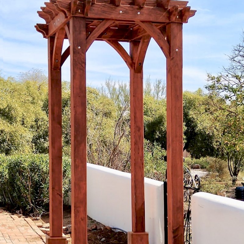 The Montvale Pergola (Options: 4' x 6', Douglas-fir, Electrical Wiring Trim for 1 Post, Rafters at 16", Post Anchoring for Gale-Wind, No Ceiling Fan Base, No Privacy Panels, 10' Post, Transparent Premium Sealant). Photo courtesy of M. Simpson of Tucson, Arizona. The Montvale Pergola (Options: 4' x 6', Douglas-fir, Electrical Wiring Trim for 1 Post, Rafters at 16", Post Anchoring for Gale-Wind, No Ceiling Fan Base, No Privacy Panels, 10' Post, Transparent Premium Sealant). Photo courtesy of M. Simpson of Tucson, Arizona.