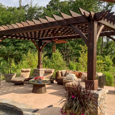 The Montvale Pergolas (Options: 20' x 14', California Redwood, Electrical Wiring Trim for 1 Post, Rafters at 16", 4-Post Anchor Kit for Stone, Brick or Concrete, Ceiling Fan Base, No Privacy Panels, 8.5' Post, Coffee-Stain Premium Sealant). Photo courtesy of William H. of Montvale, NJ. 