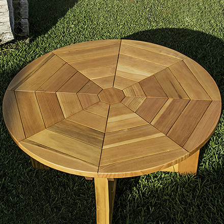 Mandala Patio Table (Options: 5' Diameter, No Seating, Douglas-fir, Rounded Design, No Lazy Susan, Standard Tabletop, No Umbrella Hole, Transparent Premium Sealant).