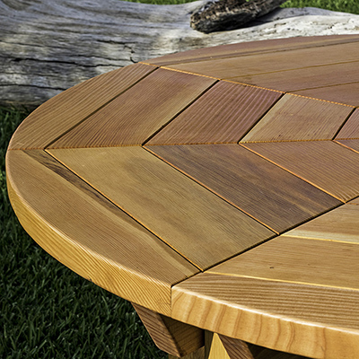 Mandala Patio Table (Options: 5' Diameter, No Seating, Douglas-fir, Rounded Design, No Lazy Susan, Standard Tabletop, No Umbrella Hole, Transparent Premium Sealant).